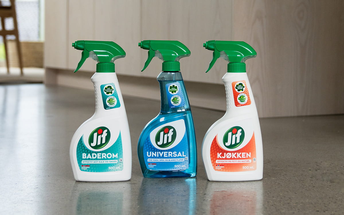 Jif-sprayer i resirkulert plast.